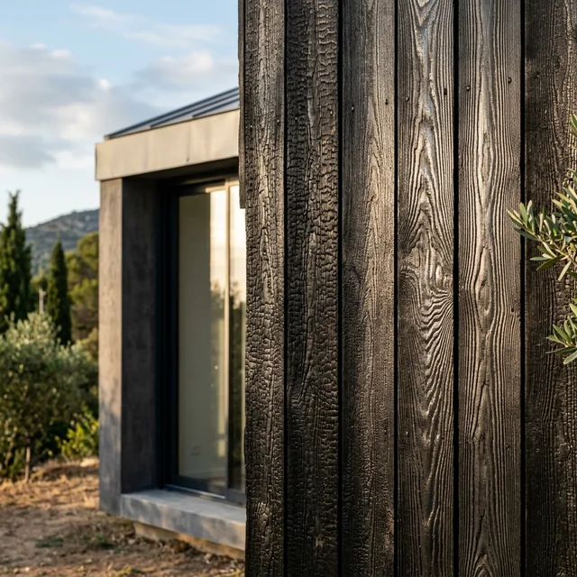 Bardage en bois brûlé Shou Sugi Ban sur façade contemporaine